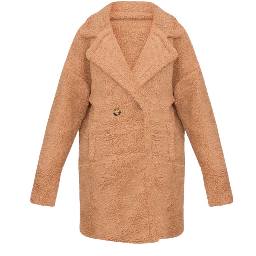 Pretty Little Thing CAMEL BORG LAPEL DROP ARM MIDI COAT Size US 6 New with Tag